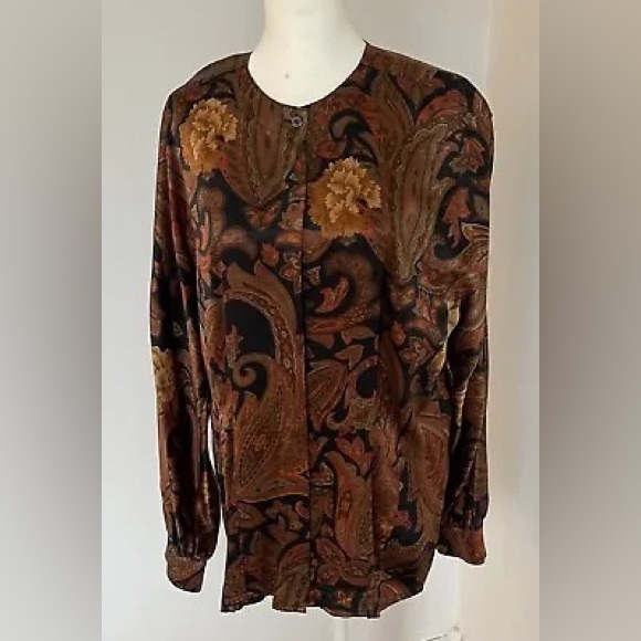 SOLD; ESCADA VINTAGE SILK BLOUSE TUNIC IN BROWN BLACK RUST PAISLEY PRINT 42 - Picture 1 of 10